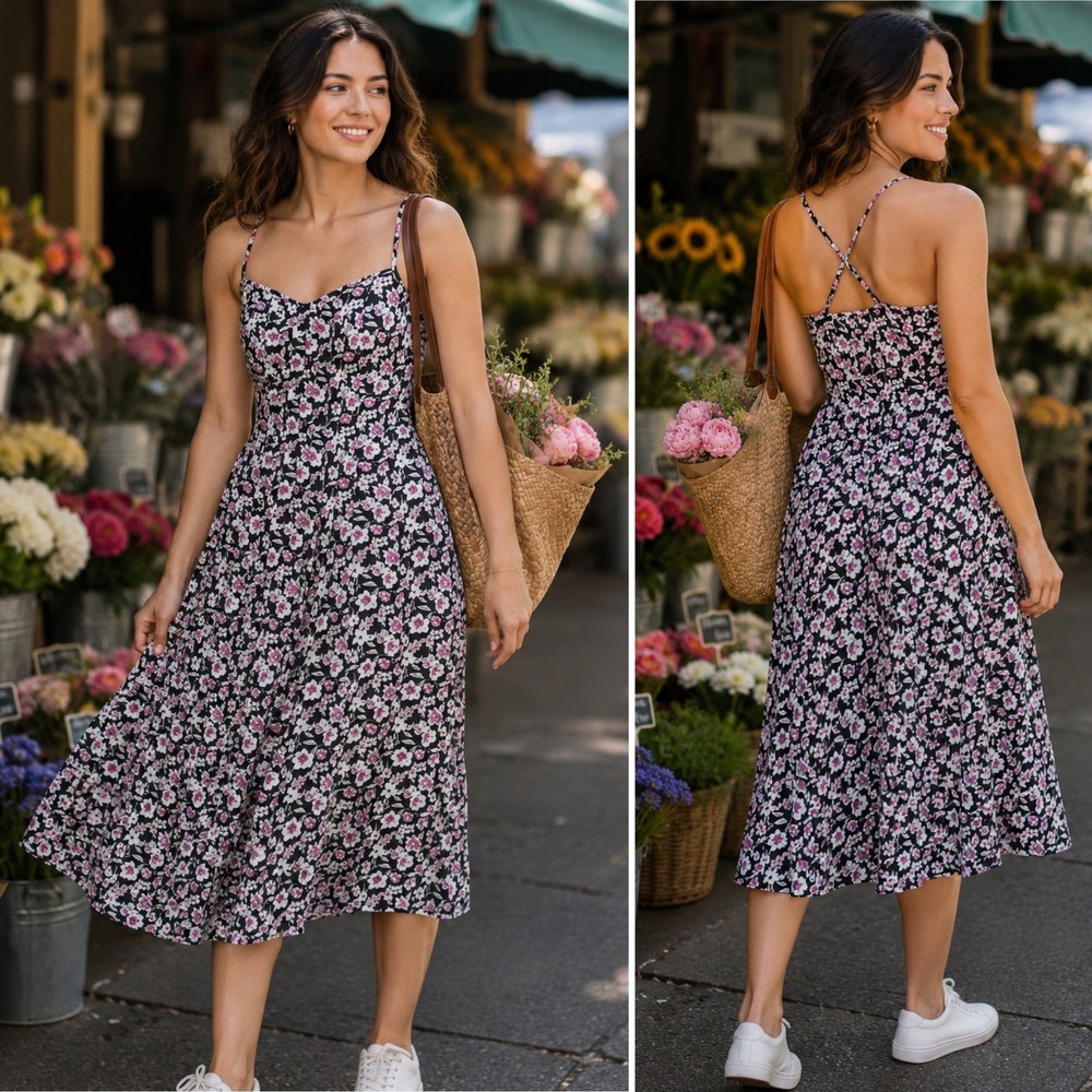 Banana Republic Floral Pintuck Midi Dress, Women's 0, Multicolor, NEW